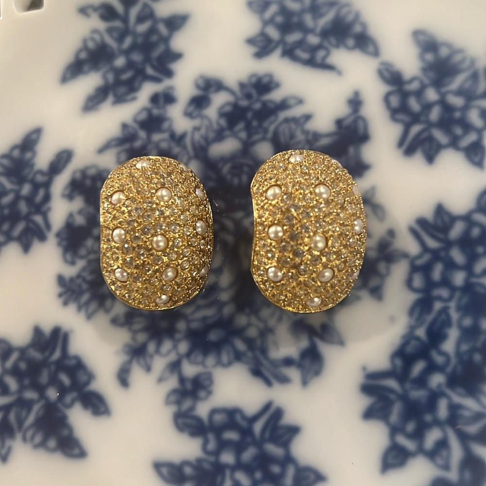 Christian Dior Vintage Rare Clip On Earrings with Custom Crystals and Pearls